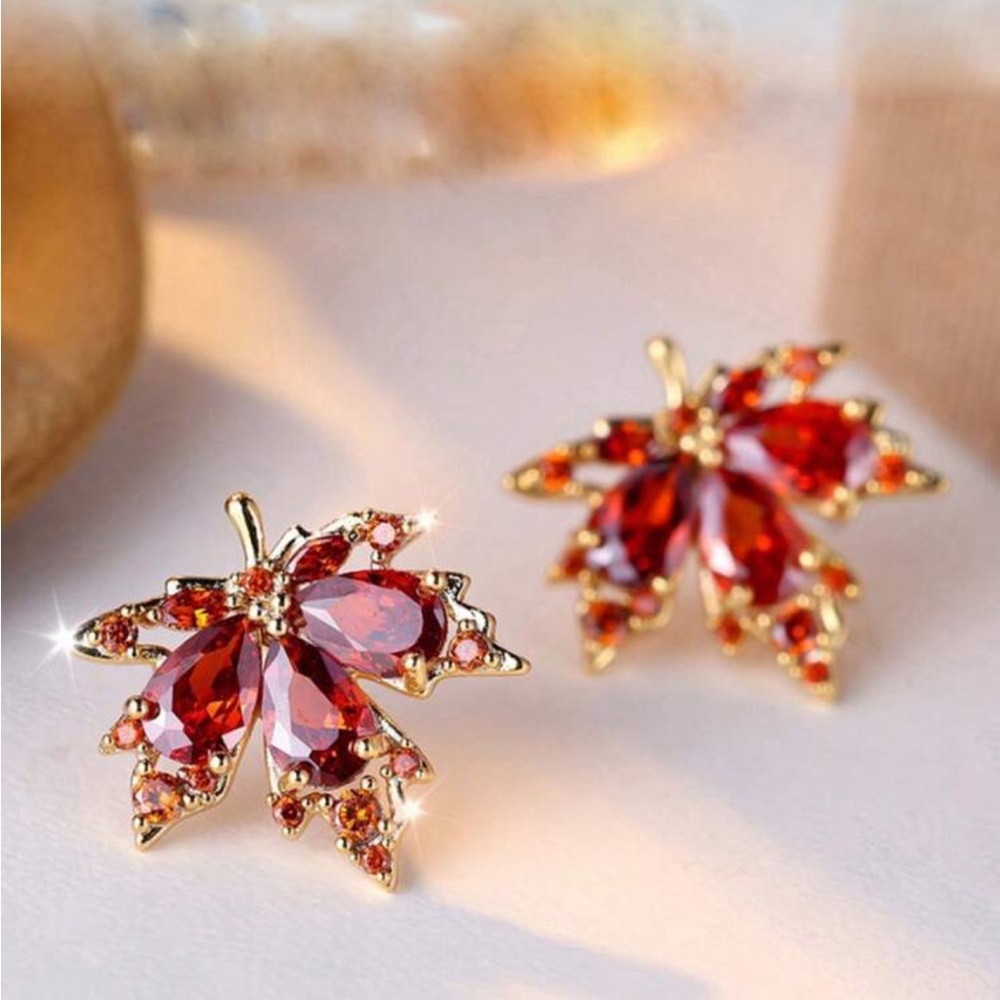 Maple Leaf Rhinestone Earrings - Picture 3 of 9